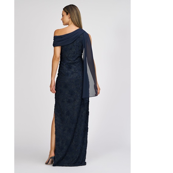 NEW JS COLLECTIONS Navy Lace ELODIE Floral ONE SHOULDER Chiffon DRAPED GOWN 10 - Picture 6 of 13